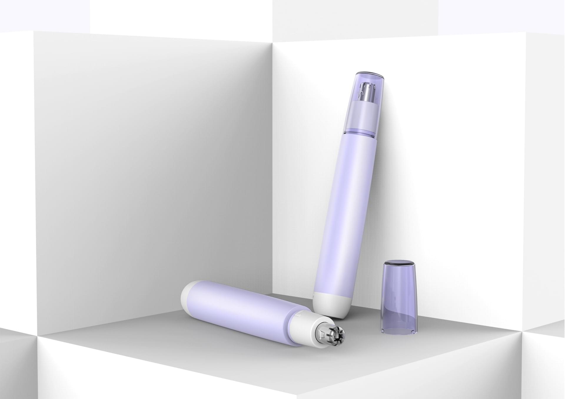 Lavender nose trimmers displayed on white geometric blocks
