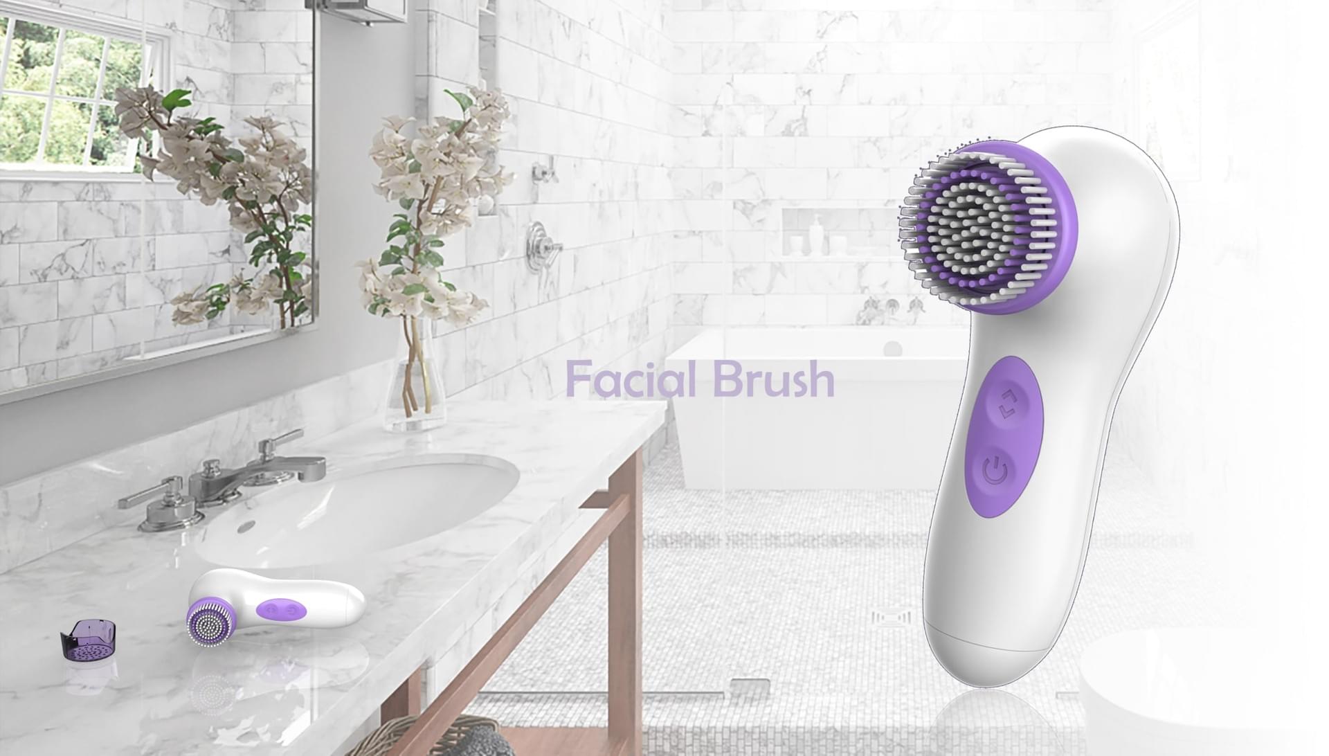 White and purple facial brush in a bright bathroom setting