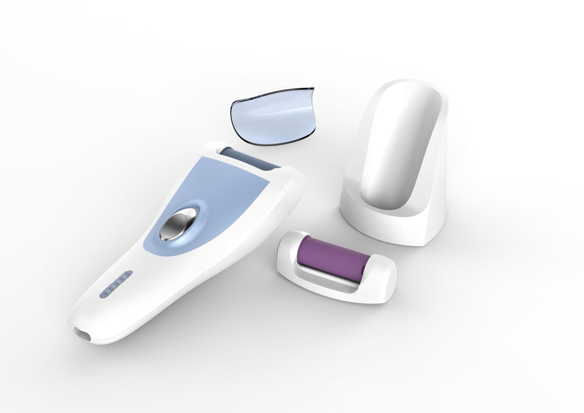 Blue and white callus remover with roller attachment and stand